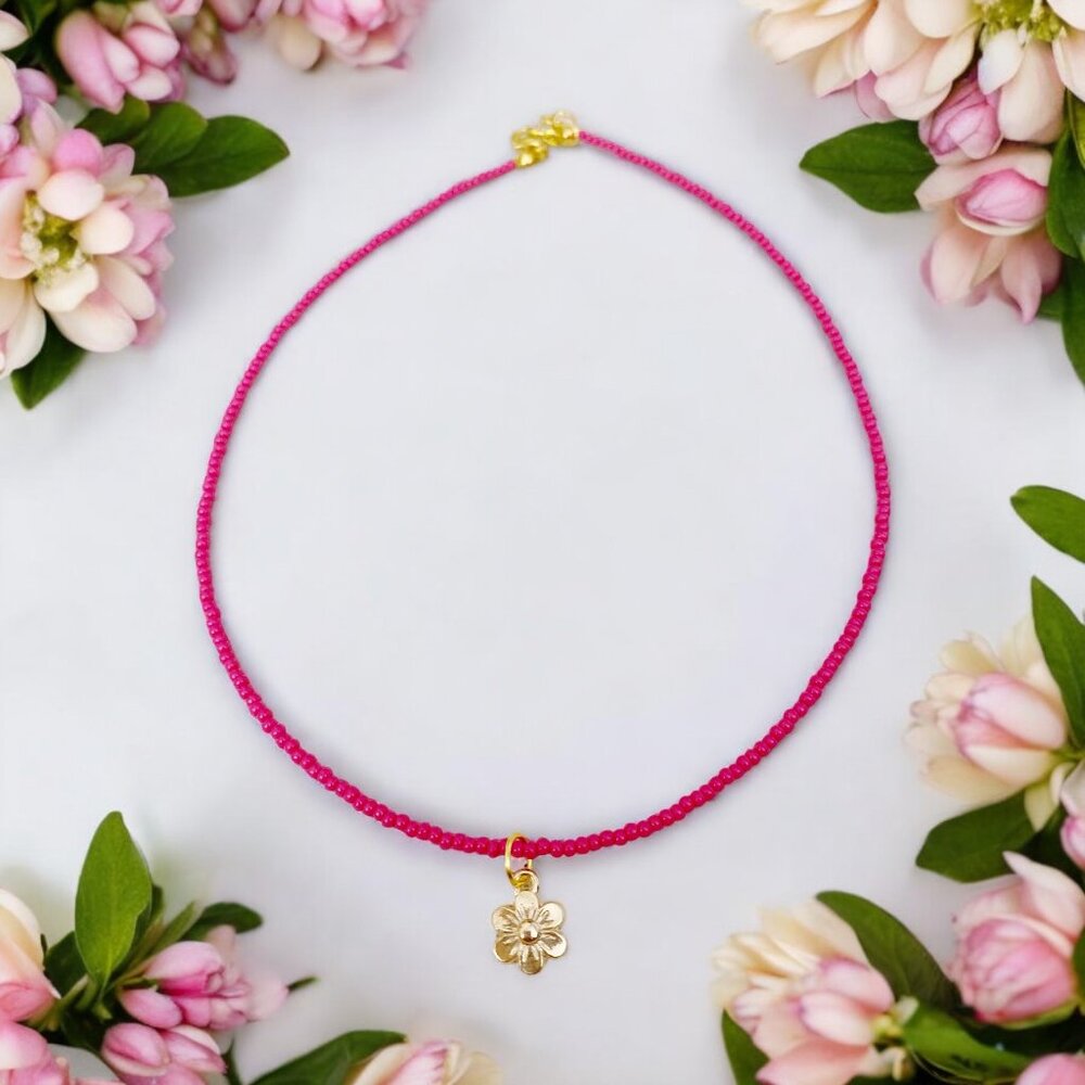 HANDMADE Hot Pink Seed Bead Gold Mini Flower Charm Choker Pendant Necklace